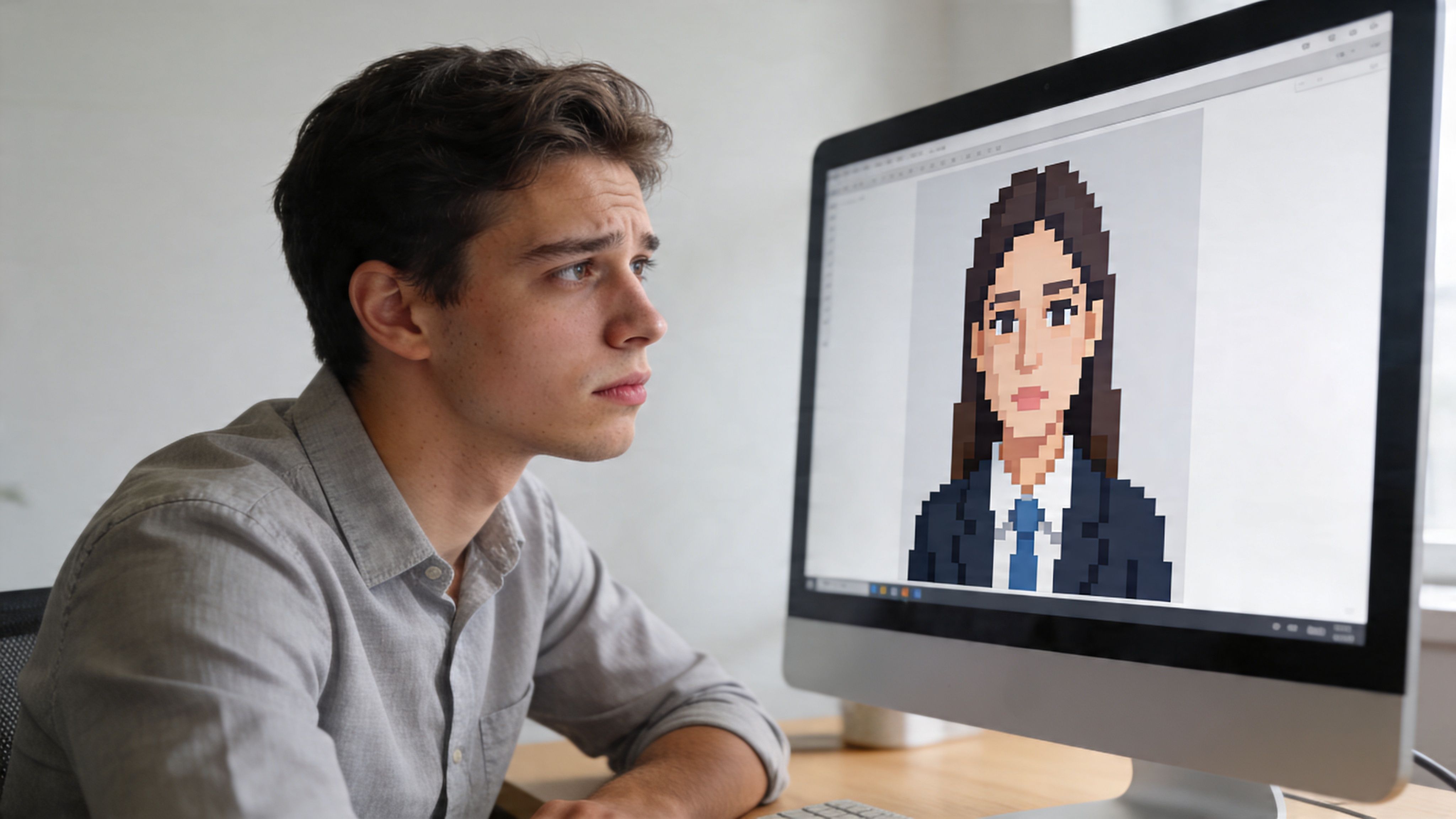 Ein junger Mann betrachtet konzentriert ein detailliertes Pixel-Art-Porträt einer Frau auf seinem Computerbildschirm im Büro.