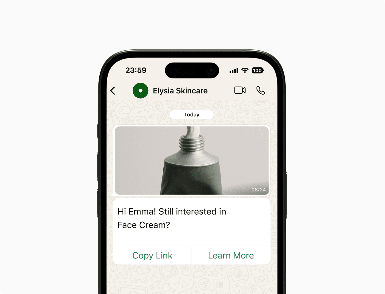 WhatsApp conversation with the message Hi Emma! Still interested in Face Cream?, emphasizing business communication to reach customers on WhatsApp for Business.