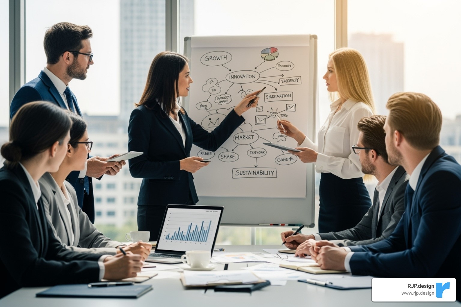 KPI dashboard displaying key business metrics such as sales growth, customer retention, website traffic, and project completion rates - our business strategy services
