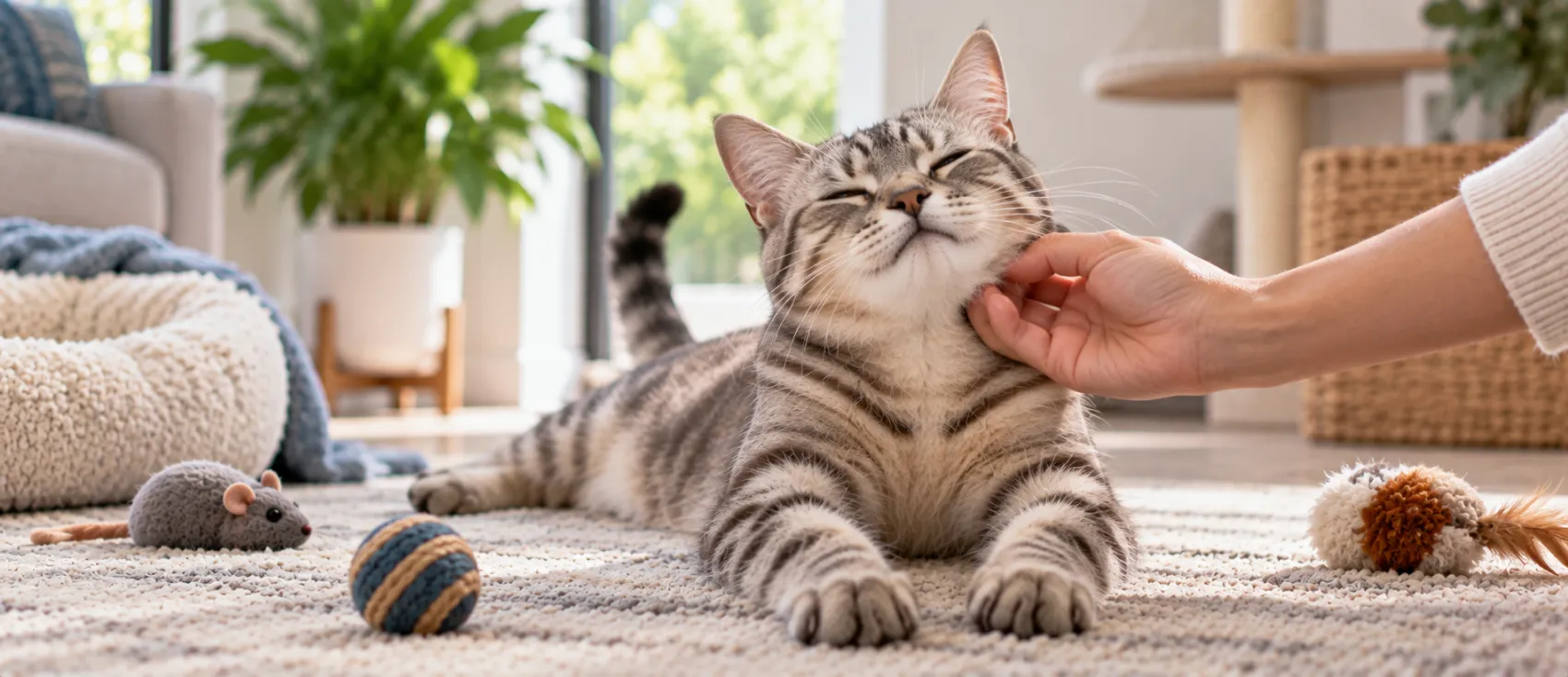 A tabby cat stretches out and leans into a hand scratching its chin, eyes closed.