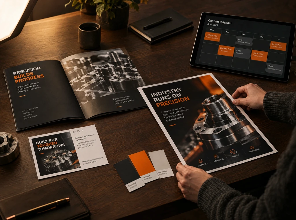 Campaign layouts, a brochure and a content calendar laid out on a studio table