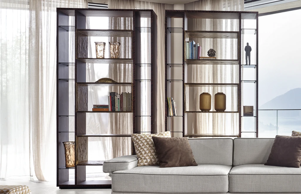 wooden exclusive (الفخامة والتصميم) bookcase with shelves in metal finishing in an urban living room