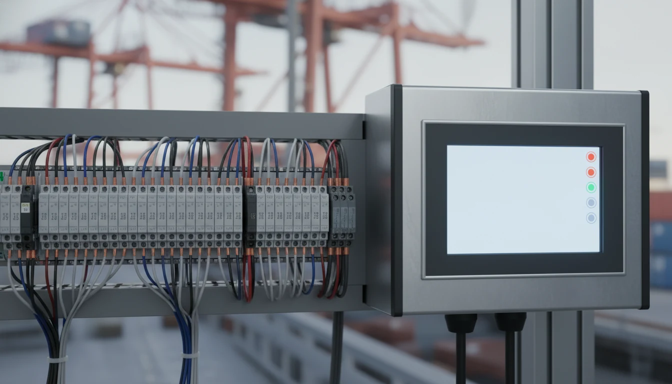 Industrielle Steuerungstechnik mit SPS, verdrahteten Klemmen und HMI-Bedienpanel