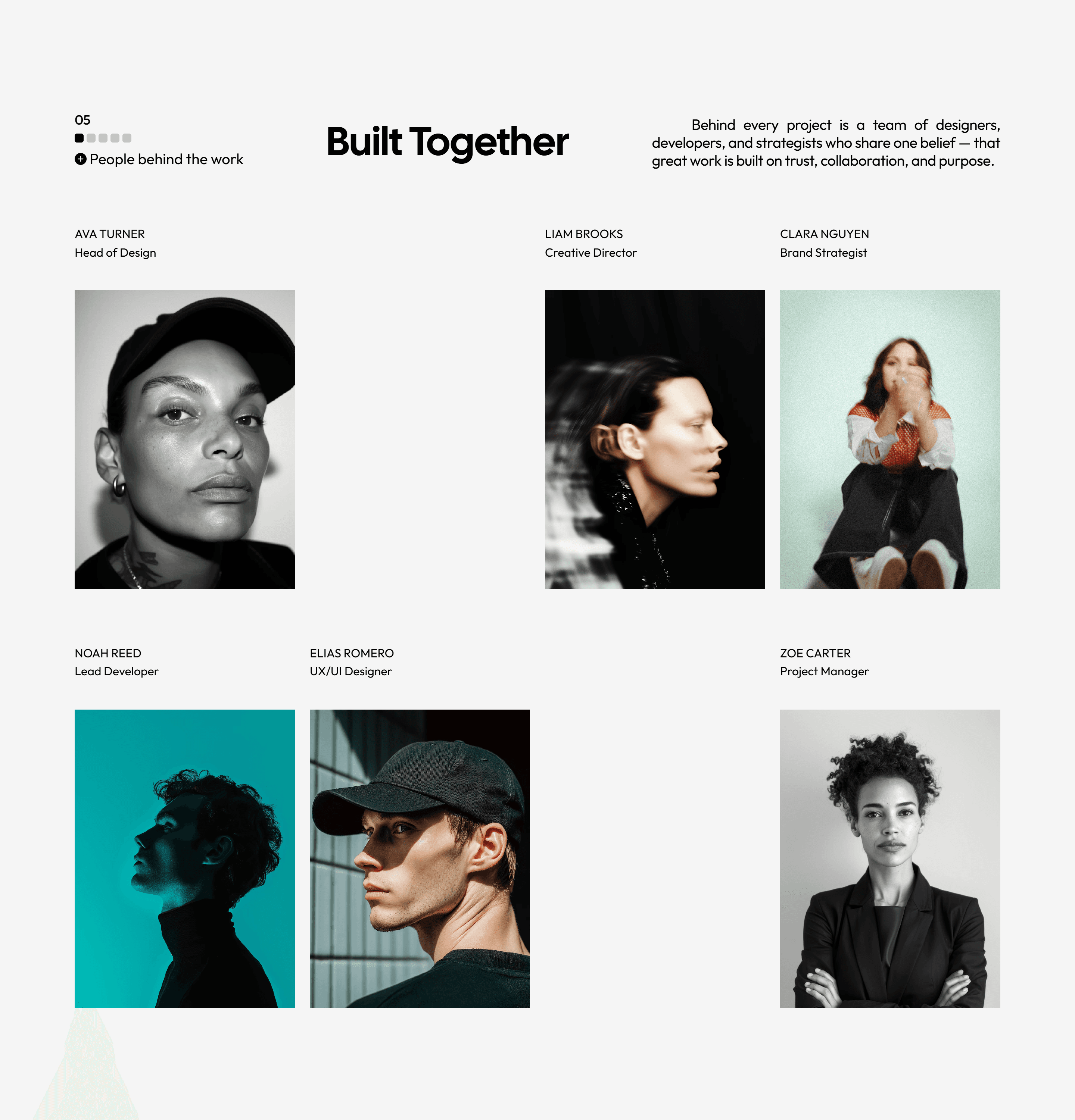 Team section titled "Built Together" on a light background. A grid of artistic portraits of six team members, displaying their names and roles such as Head of Design, Creative Director, and Lead Developer.