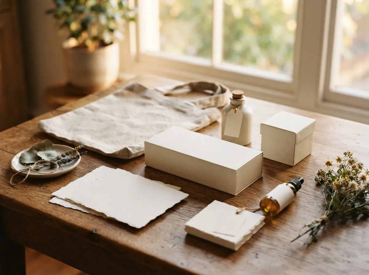 Finished brand stationery and packaging set on a table