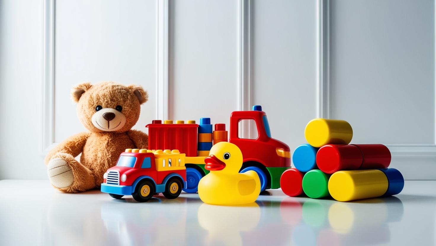 Colourful toys organised against the wall. 
