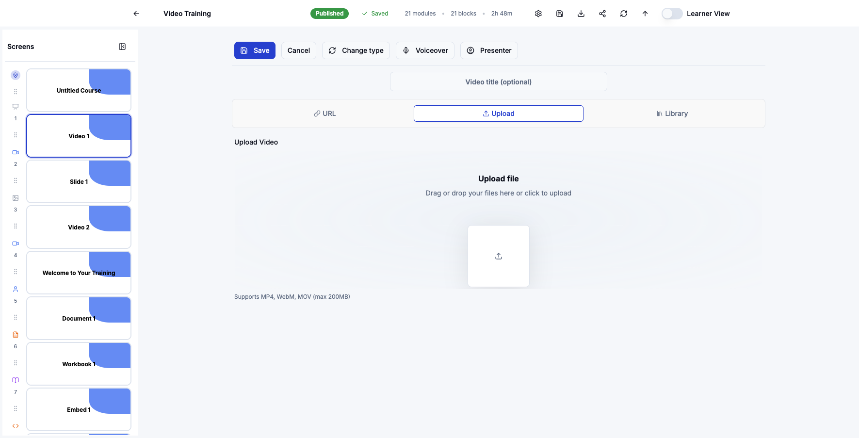 The video source options appear where you can choose from URL, Upload, or Library.