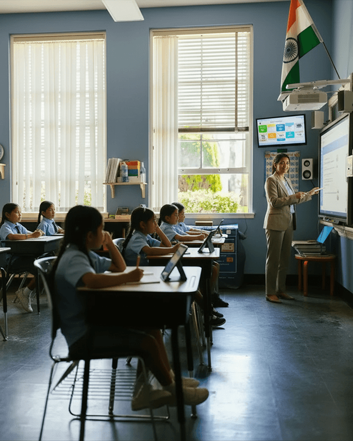 A vintage school bus is driving down the road