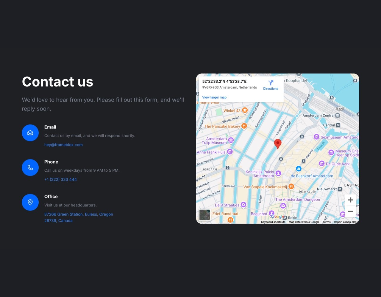 Framer Dark Contact Section - Frameblox UI