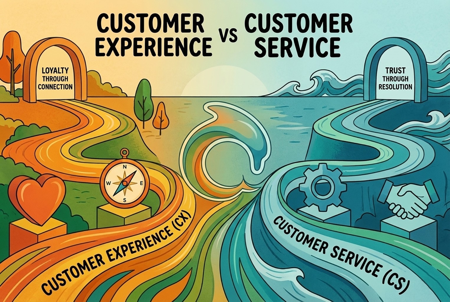 Illustration comparing customer experience and customer service, showing CX as a long-term journey focused on loyalty and connection, and customer service as issue resolution and support.