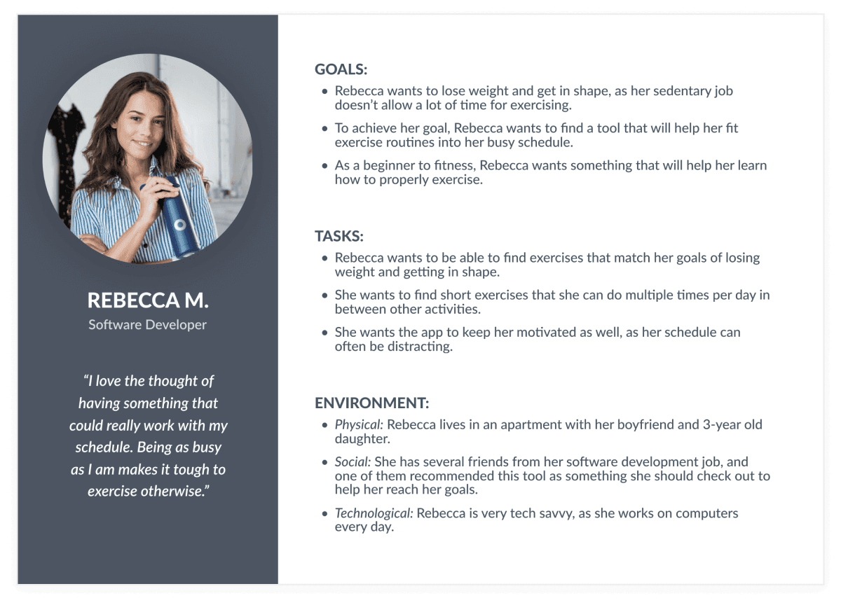 Image of proto-persona details including goals, tasks, and environment information