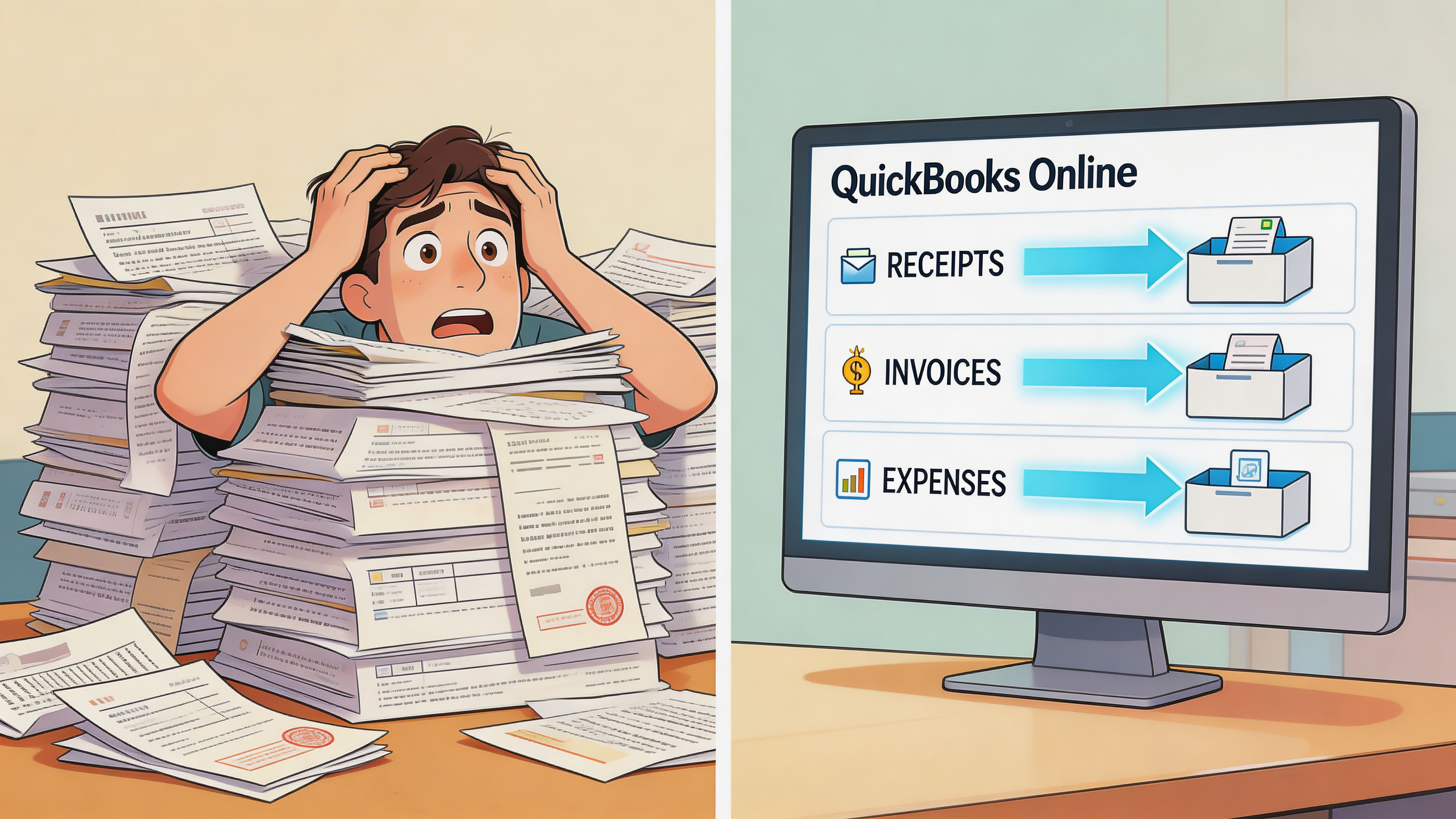 A person stressed by piles of paper documents contrasted with using QuickBooks Online for digital management.