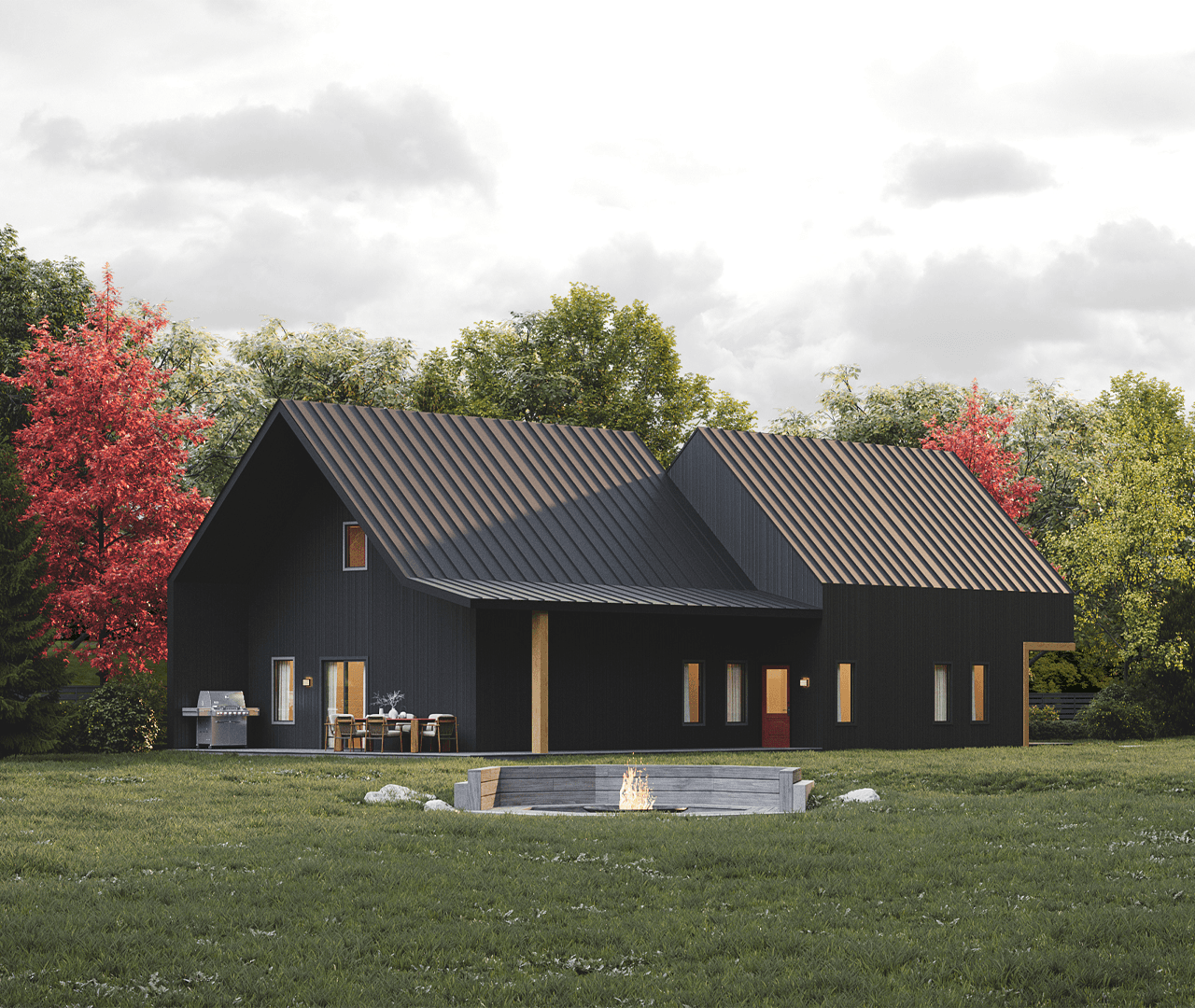 Modern black-clad house exterior design surrounded by lush greenery and vibrant landscaping, showcasing highend custom home plans by an architecture and drafting studio in Halifax, Canada.