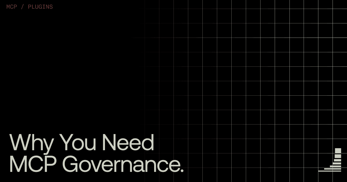 Black blog cover image with subtle grid pattern. Category label reads "MCP / GOVERNANCE" in the upper left. Large headline text reads "Why You Need MCP Governance." Waxell logo in the bottom right corner.