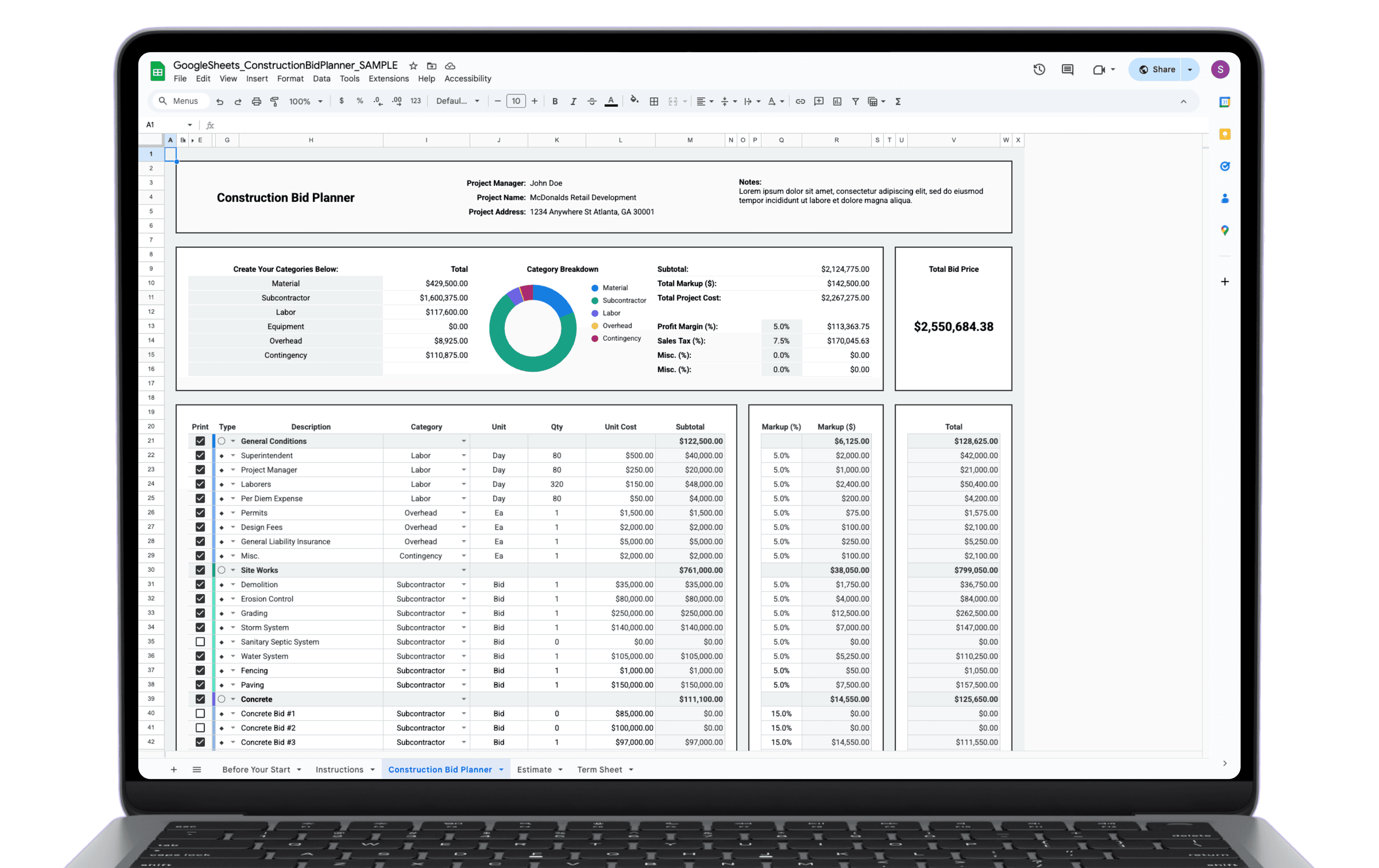 Construction Bid Planner Excel template showing line items organized by trade category with material, labor, subcontractor, and overhead costs, markup percentages.
