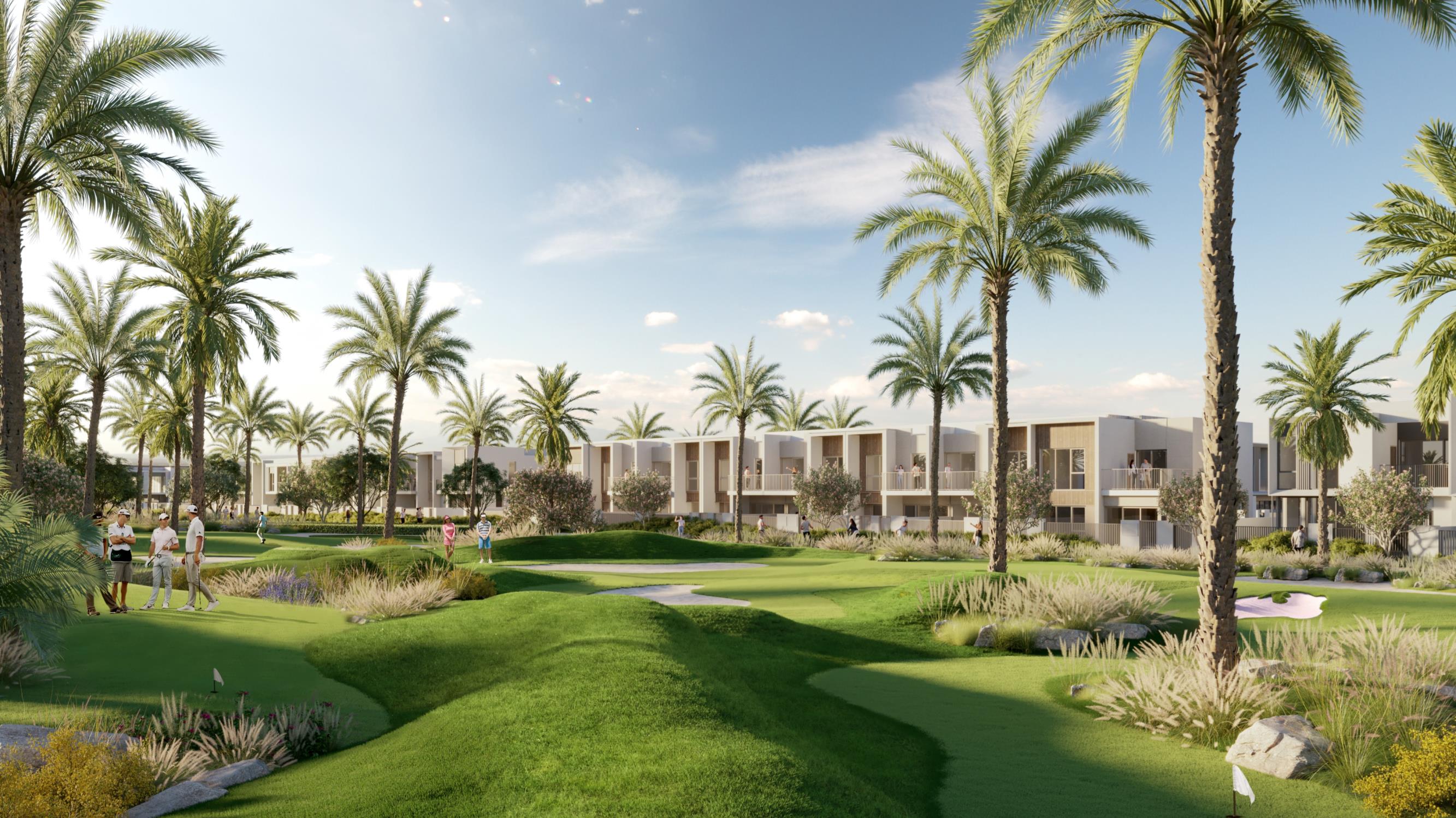Scenic view of the golf course at Marina Bay Golf and Country Club in Dubai, featuring lush greens and surrounding landscapes.