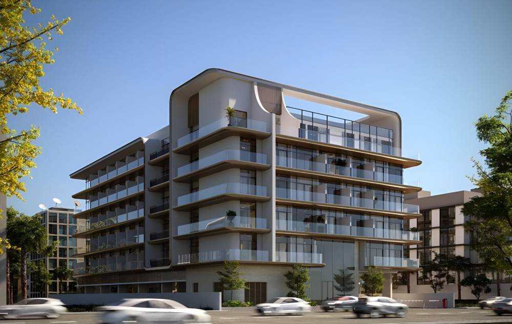 Maakdream Properties depicted in an artist's rendering, showcasing a contemporary apartment building with stylish architecture.