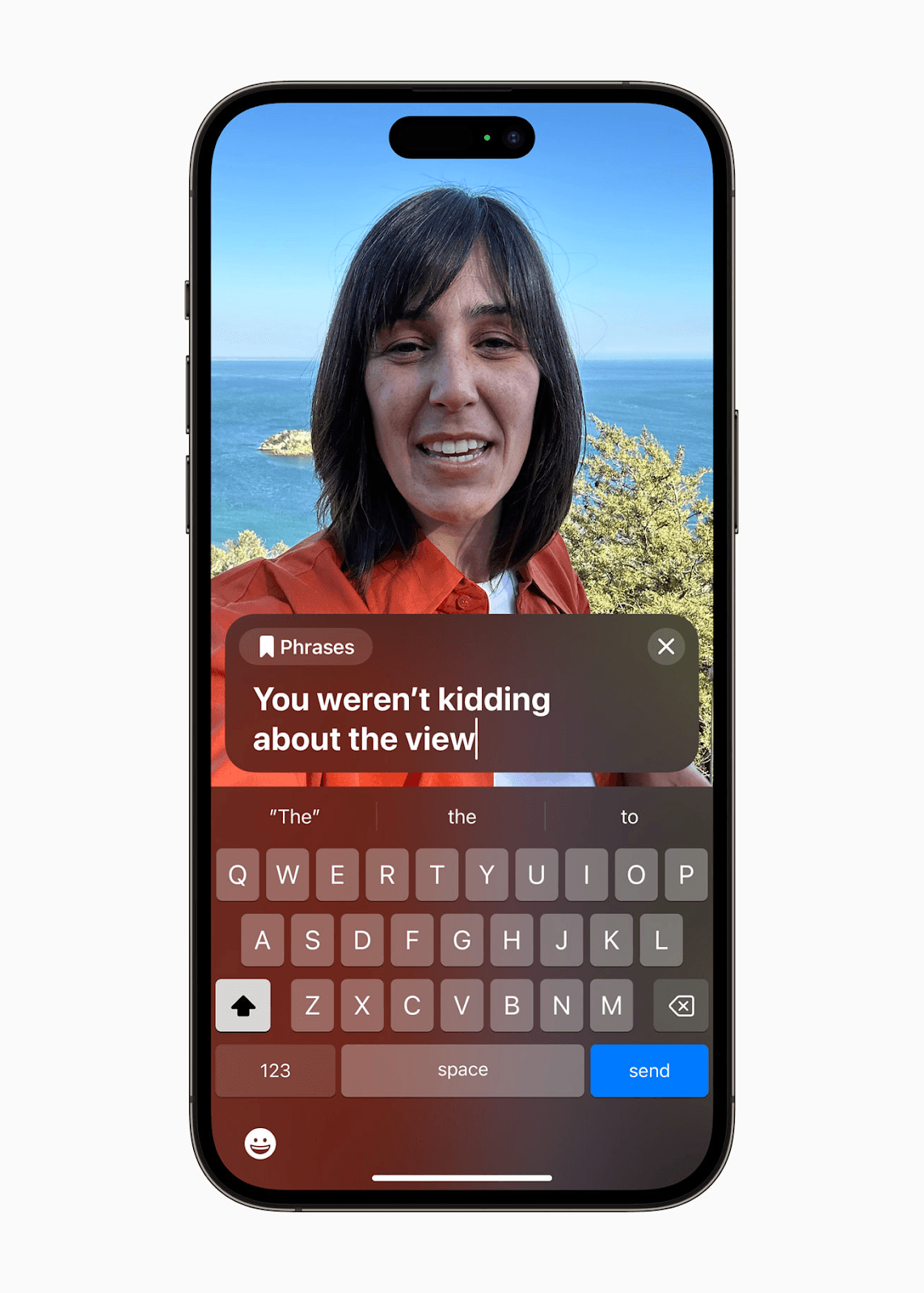 A screenshot of Apple’s new Live Speech feature that transcribes&nbsp;speech in real-time with a woman’s face on FaceTime.