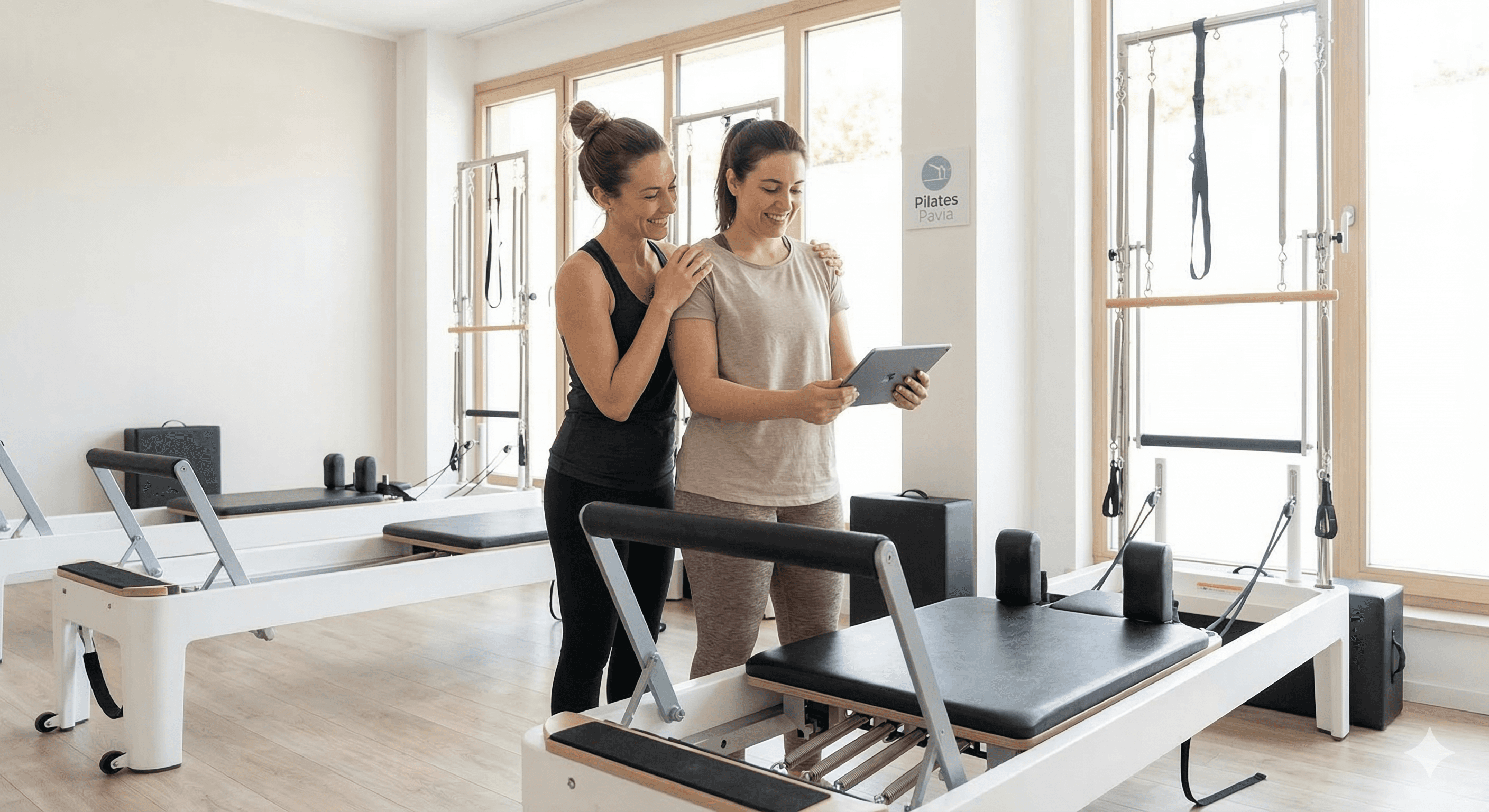 Insegnante di Studio Pilates Pavia che accoglie con un sorriso una nuova allieva per la sua prima lezione, trasmettendo serenità e professionalità.