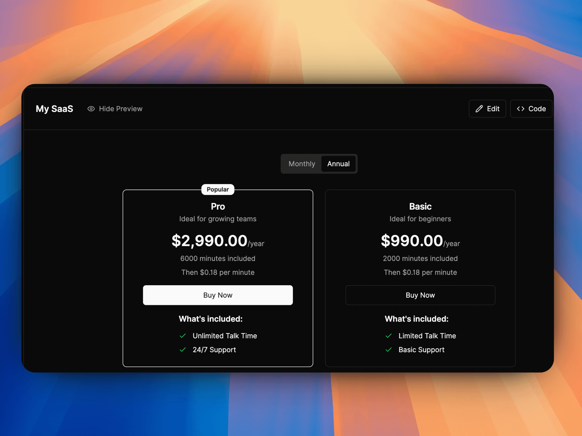 VoiceAIWrapper white label AI SaaS pricing plans showing Pro and Basic tiers with annual billing options. | VoiceAiWrapper.