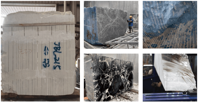 A composite image showing different stages of stone processing, including large stone blocks, workers handling the stones, and close-ups of textured and polished marble surfaces.