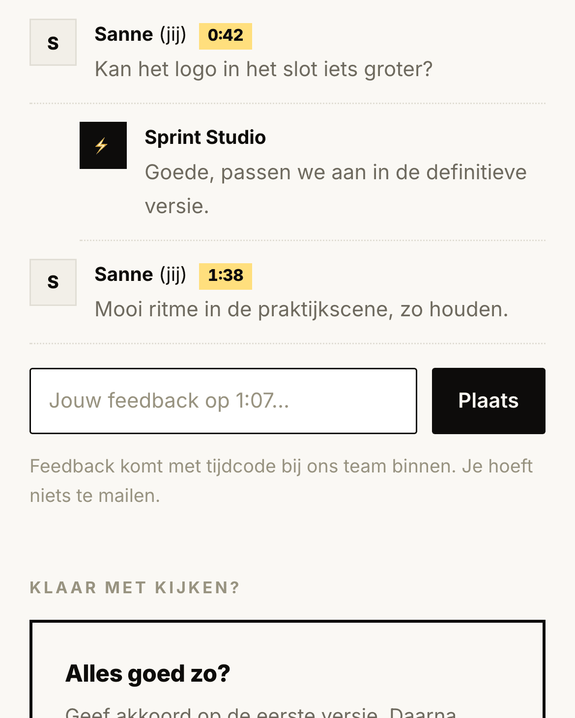 De reviewweergave in Mijn Sprint met feedback op de tijdlijn van de eerste versie