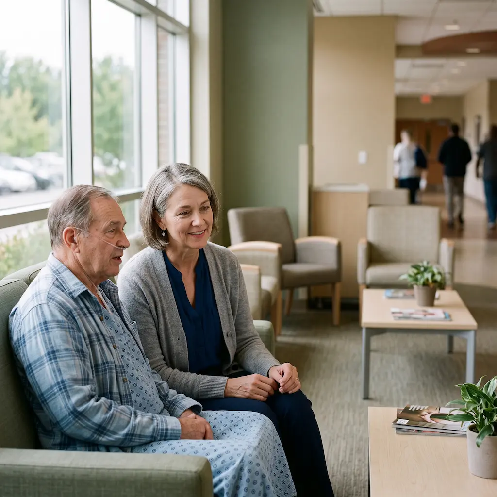 Volunteer visiting a patient in a hospital room
