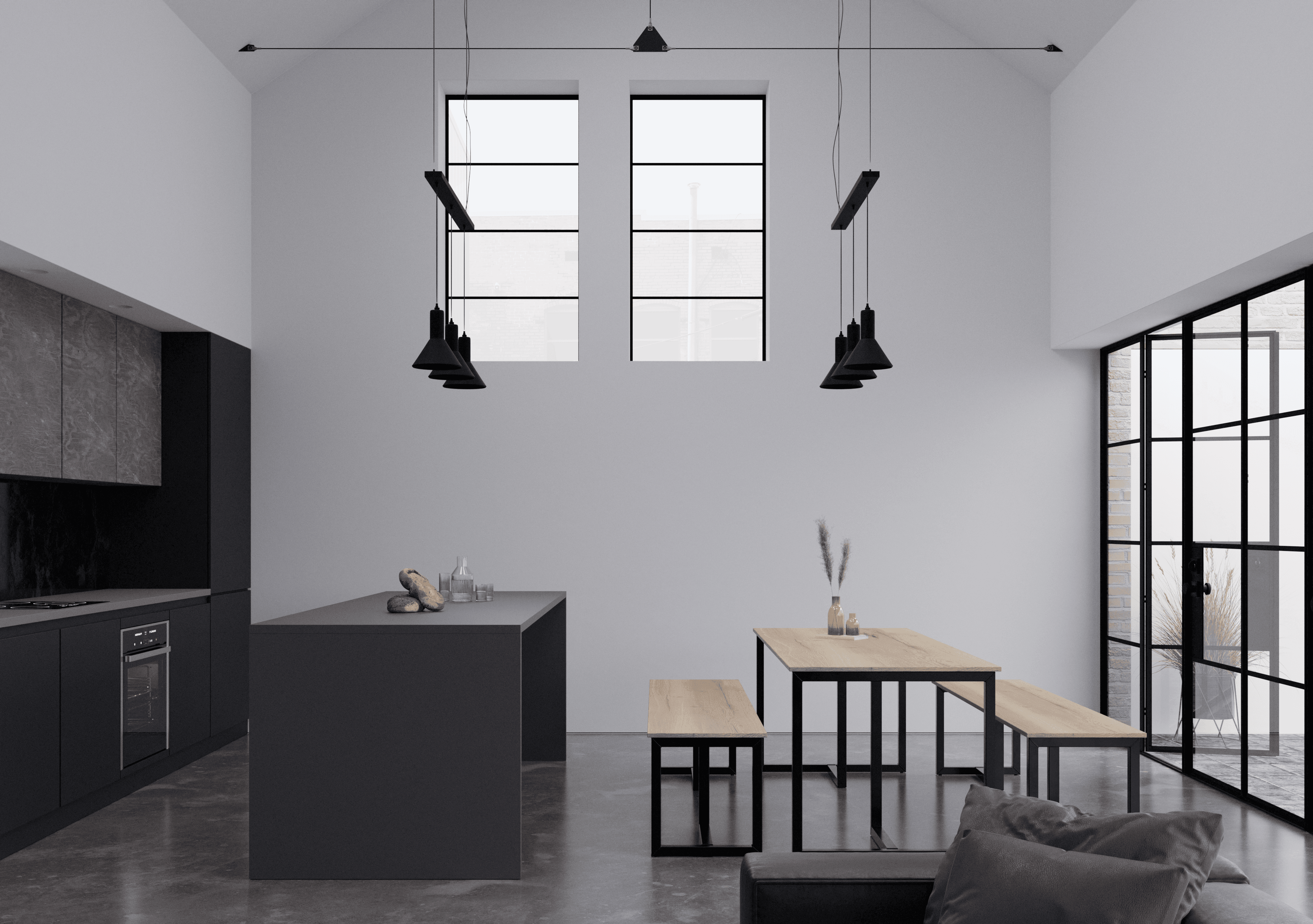 Rendu 3D cuisine ouverte noire et bois dans un espace industriel à double hauteur sous plafond — Aure Moukala