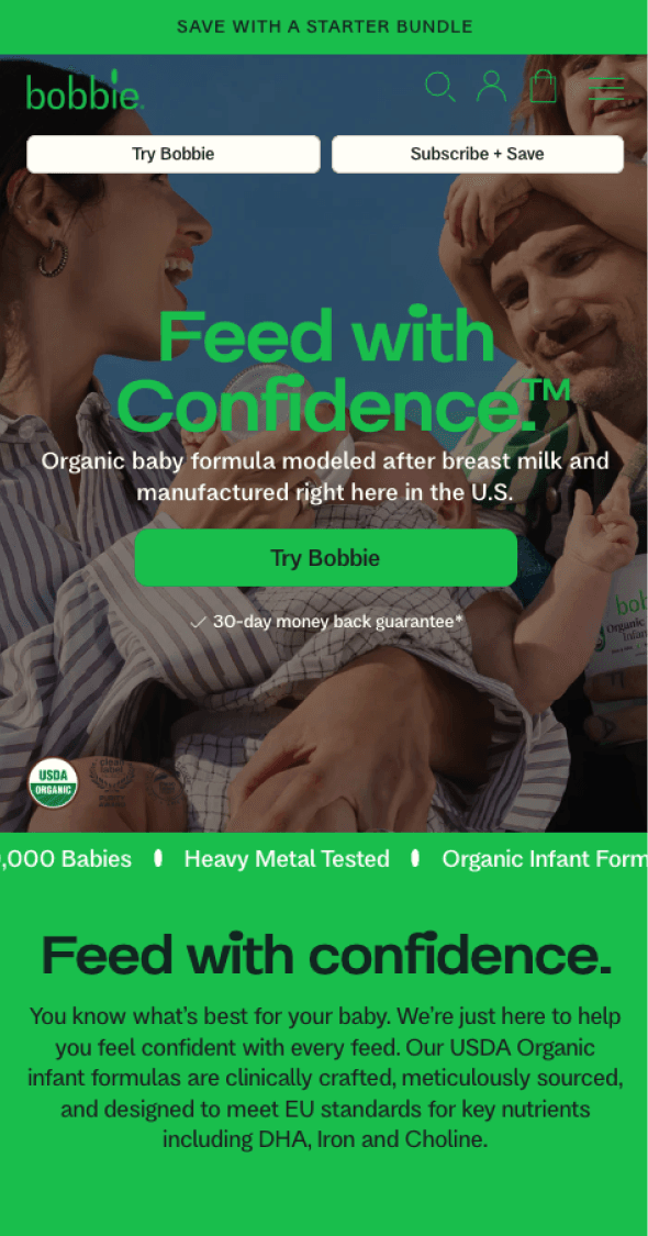 Mobile homepage hero promoting infant formula subscription