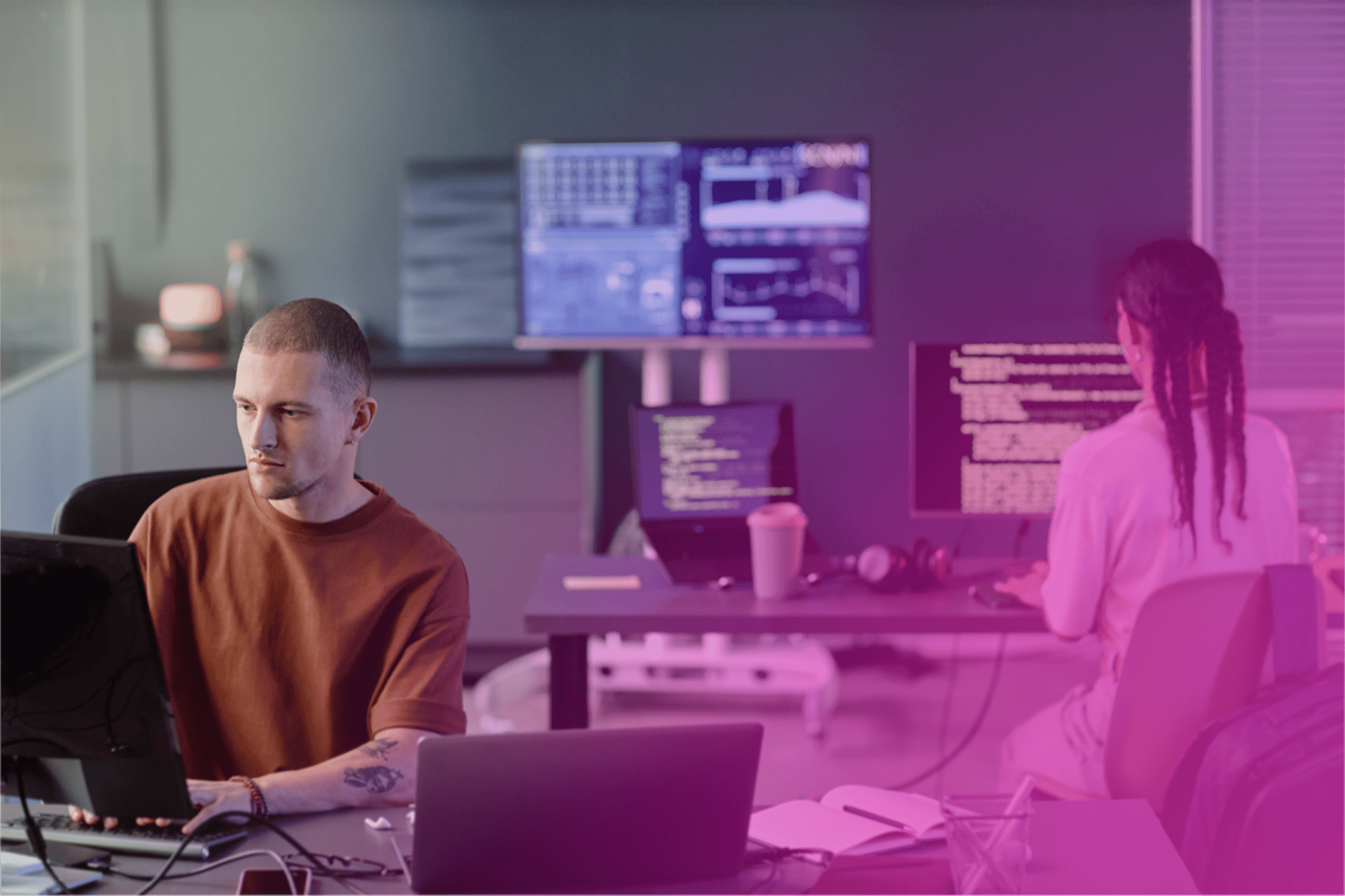 Hero image featuring a greyscaled communication platform on an abstract background.