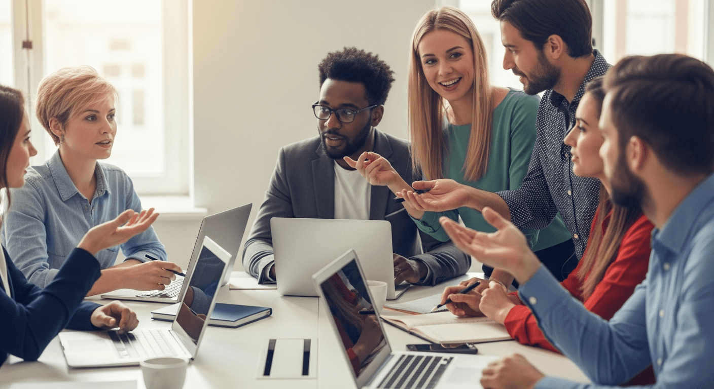 A diverse group of professionals collaborating around a modern office table, engaged in active discussion with laptops and notebooks visible. The scene shows people gesturing and communicating, with some taking notes and others listening attentively. Bright, professional office environment with natural lighting. The atmosphere conveys teamwork, open communication, and productive collaboration. Modern business casual setting with a focus on interpersonal connection and team dynamics.