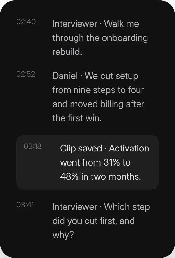 Timestamped interview transcript with a saved clip
