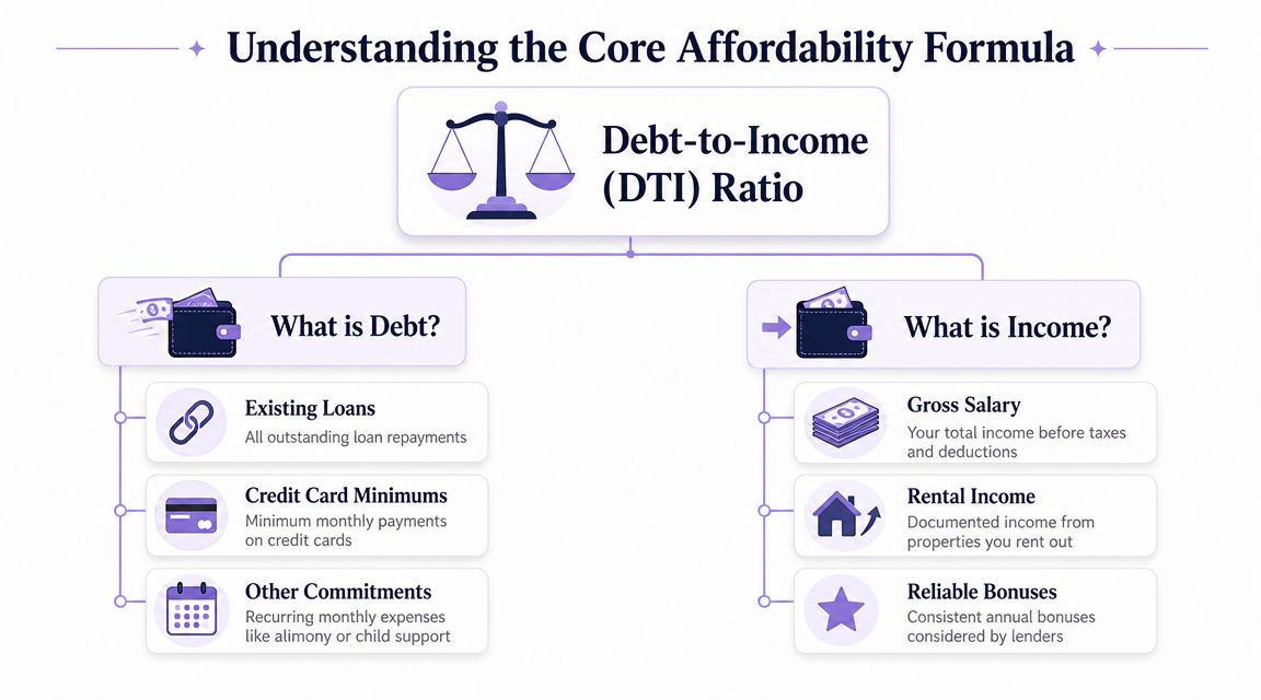 A diagram explaining the Debt-to-Income ratio by breaking down components of debt and total income.