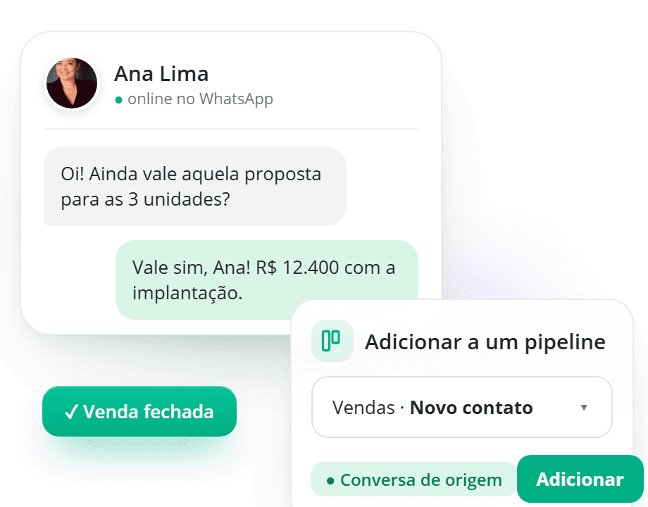 Conversa do WhatsApp sendo adicionada a um pipeline