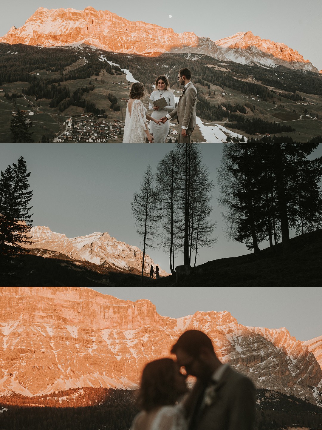 couple eloping at sunset in the italian dolomites