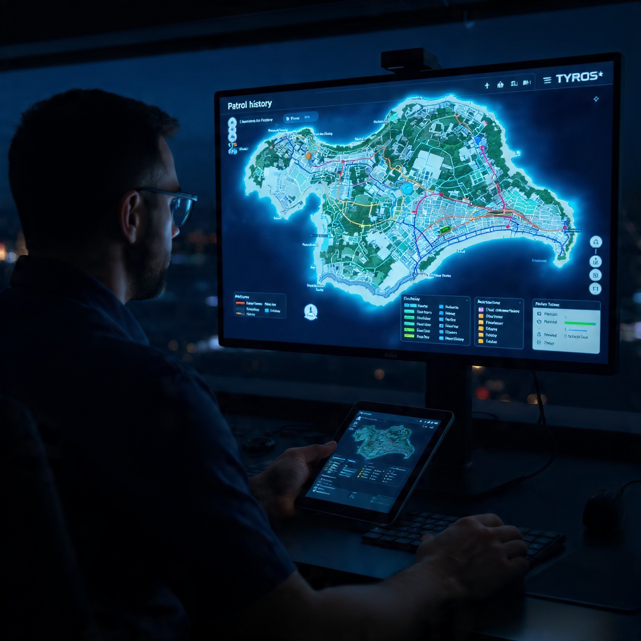 Man using Tyros® mobile app to monitor security officer path tracking during patrol