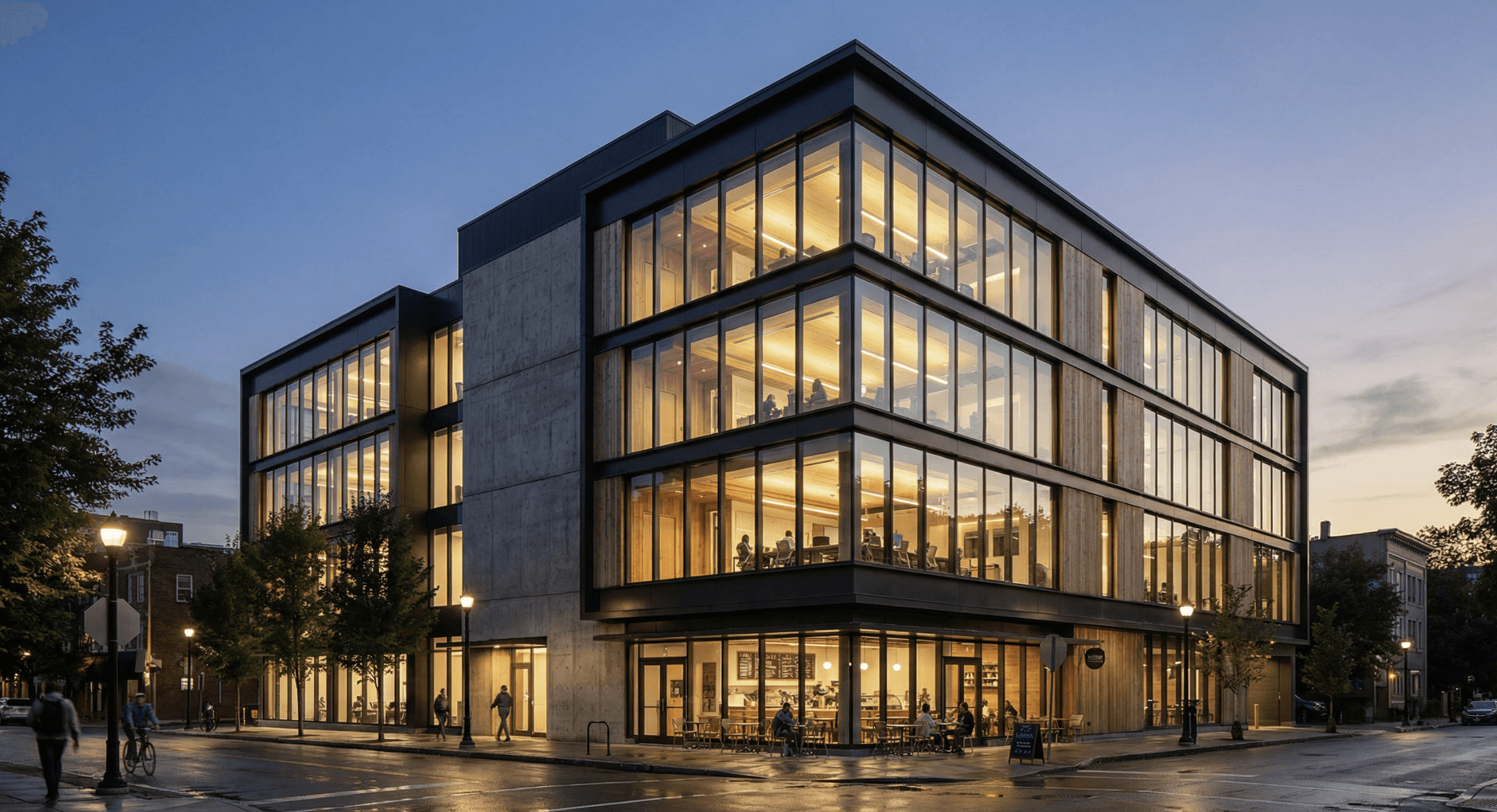 Modern commercial office building with illuminated interior at dusk
