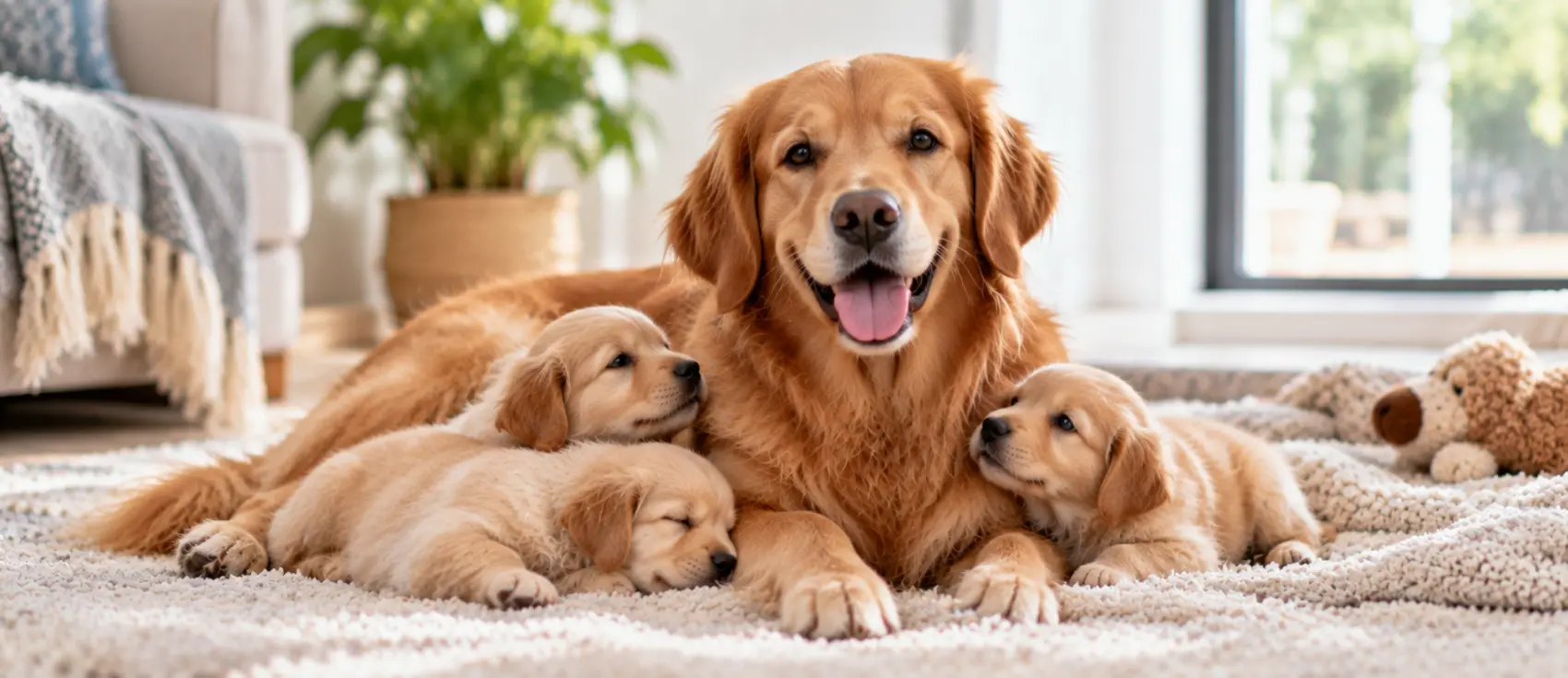 Golden retriever lying on a rug with three sleeping puppies.