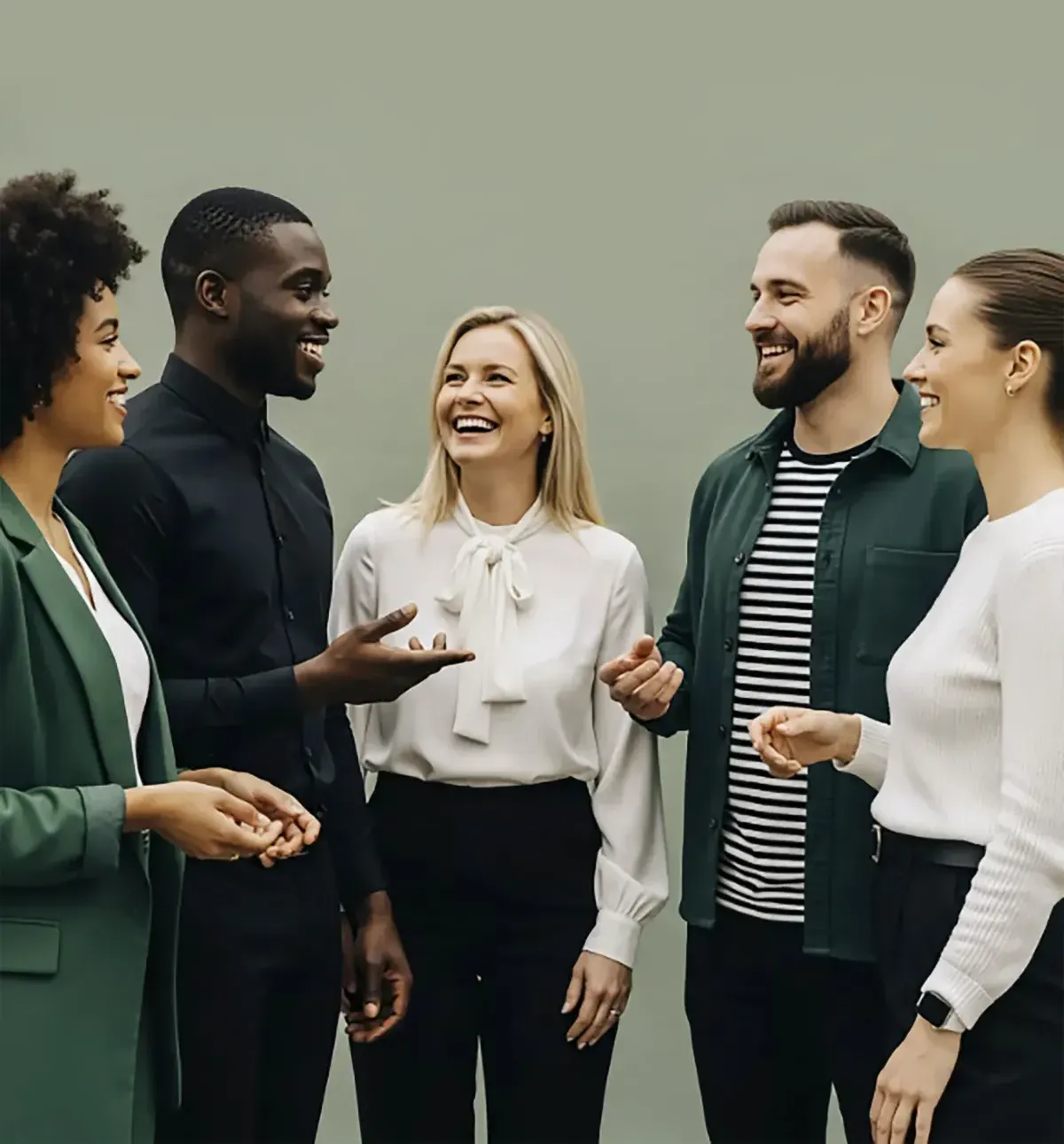 Five people are happily chatting together.
