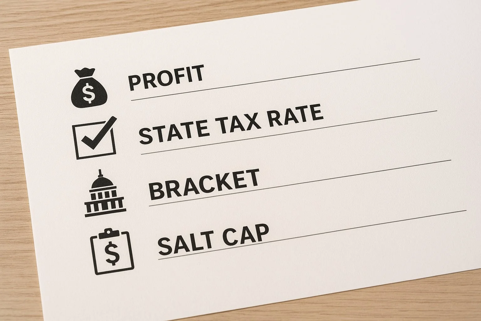 Checklist on a table showing icons for profit, state tax rate, tax bracket, and SALT cap, with arrows connecting each step.