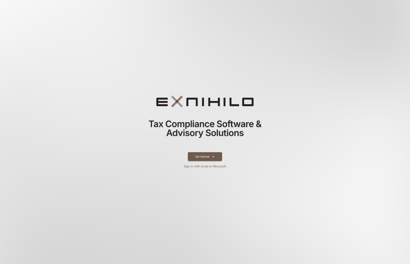 Ex Nihilo DAC7-X inlogpagina met e-mail, wachtwoord en Microsoft SSO-authenticatie