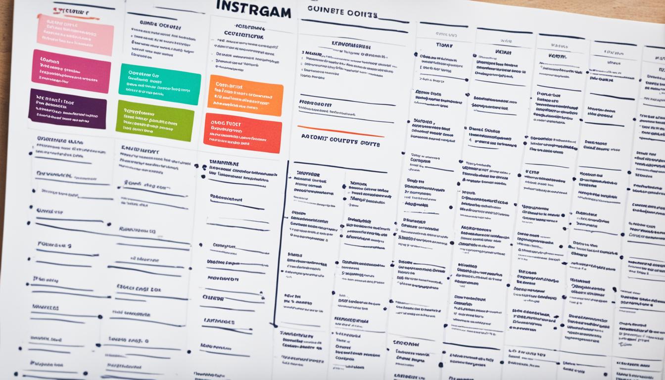 Show a content calendar for Instagram with various colors and shapes representing different types of content, such as quotes, behind the scenes, product highlights, and user-generated content. Include a few blank spaces for spontaneous posts or last-minute promotions. Make sure each post has its own designated time slot to maintain consistency.