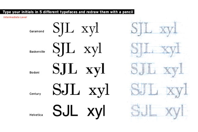 The image presents a typeface comparison exercise. It displays five different typefaces — Garamond, Baskerville, Bodoni, Century, and Helvetica — each shown in both uppercase and lowercase letters. The task is to type the initials SJL xyl for each font and shade them with a pencil. The letters are arranged side by side, demonstrating the visual differences between the typefaces.