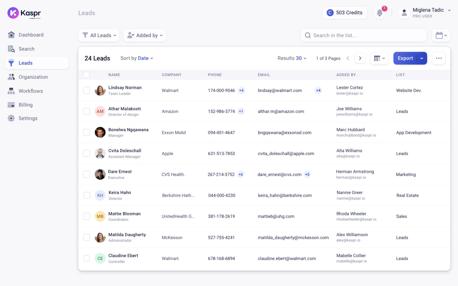 Kaspr dashboard showing verified contacts, accuracy score, and credit usage.