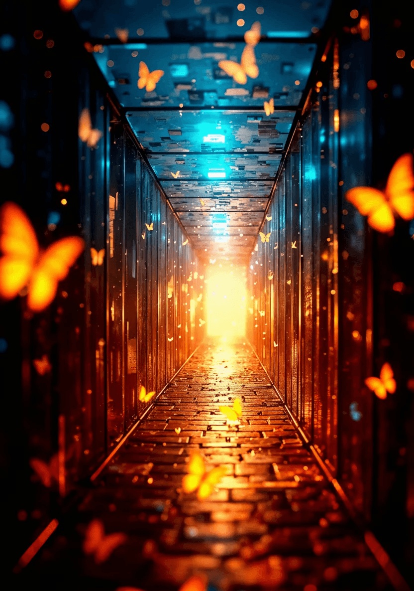 "What We Do" section for a content creation service, titled "End-to-End Content Creation Engine," listing services such as AI-Optimized Blog Writing, Conversion-Focused Video Scripts, Podcast & Audio Content, Visual Storytelling, and AI-Generated Ad Copy, set against a dark background with glowing butterflies.