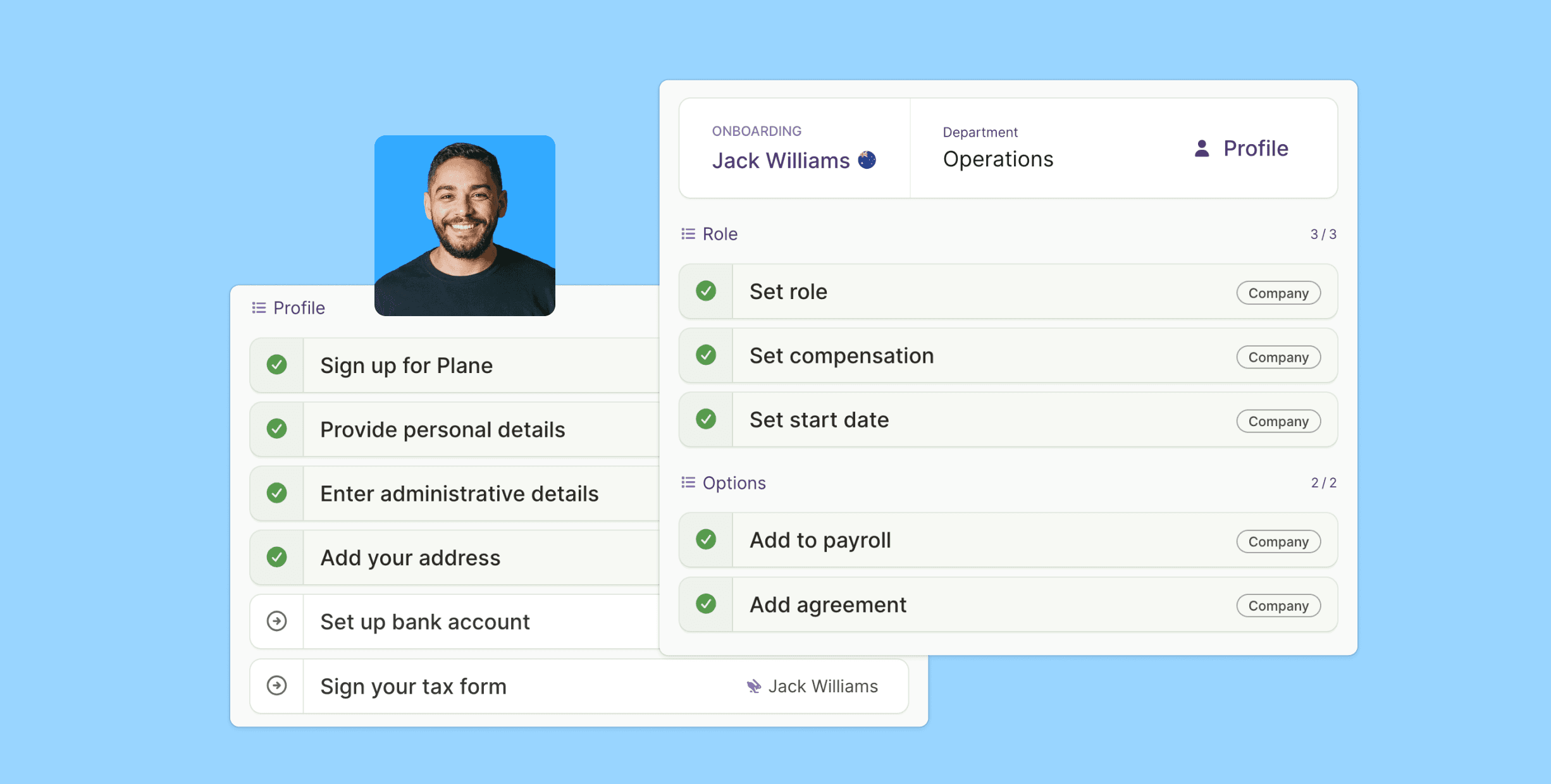 Sample onboarding screenshots for Jack Williams
