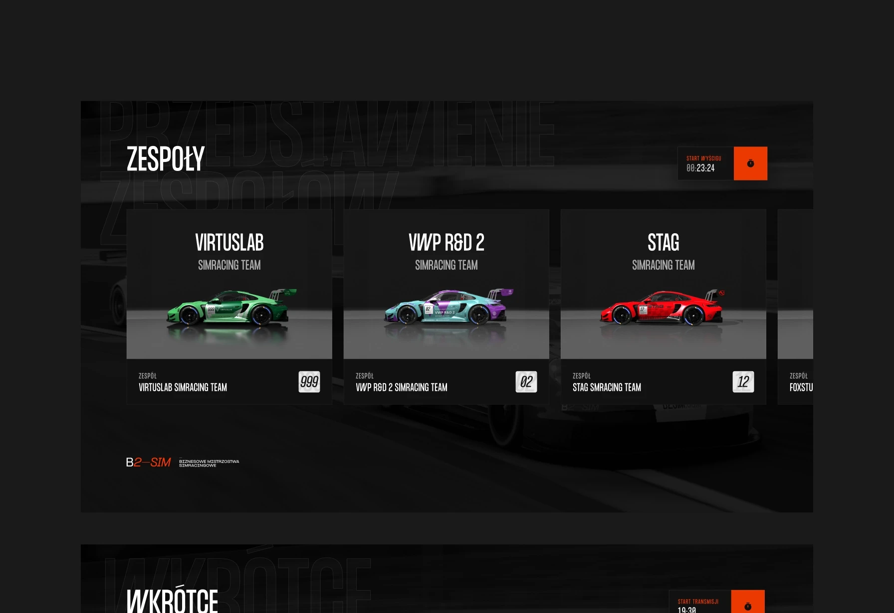 Team showcase featuring Virtuslab, VWP R&D 2, and STAG sim racing teams with colorful race cars on a dark background.