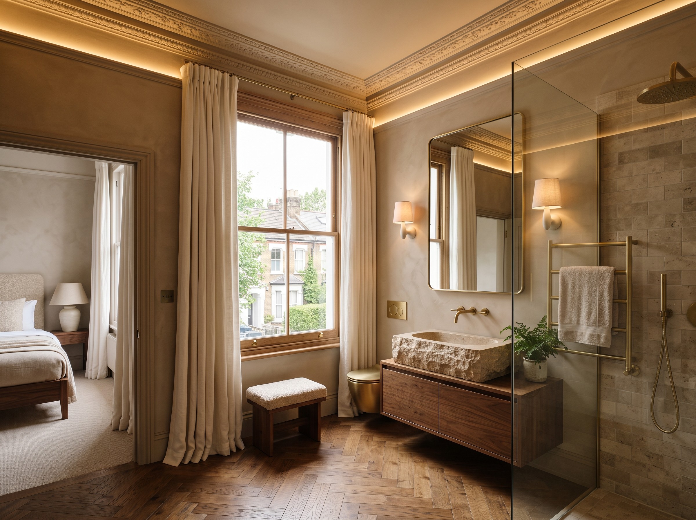 Ensuite bathroom, natural stone basin, brushed brass fittings,