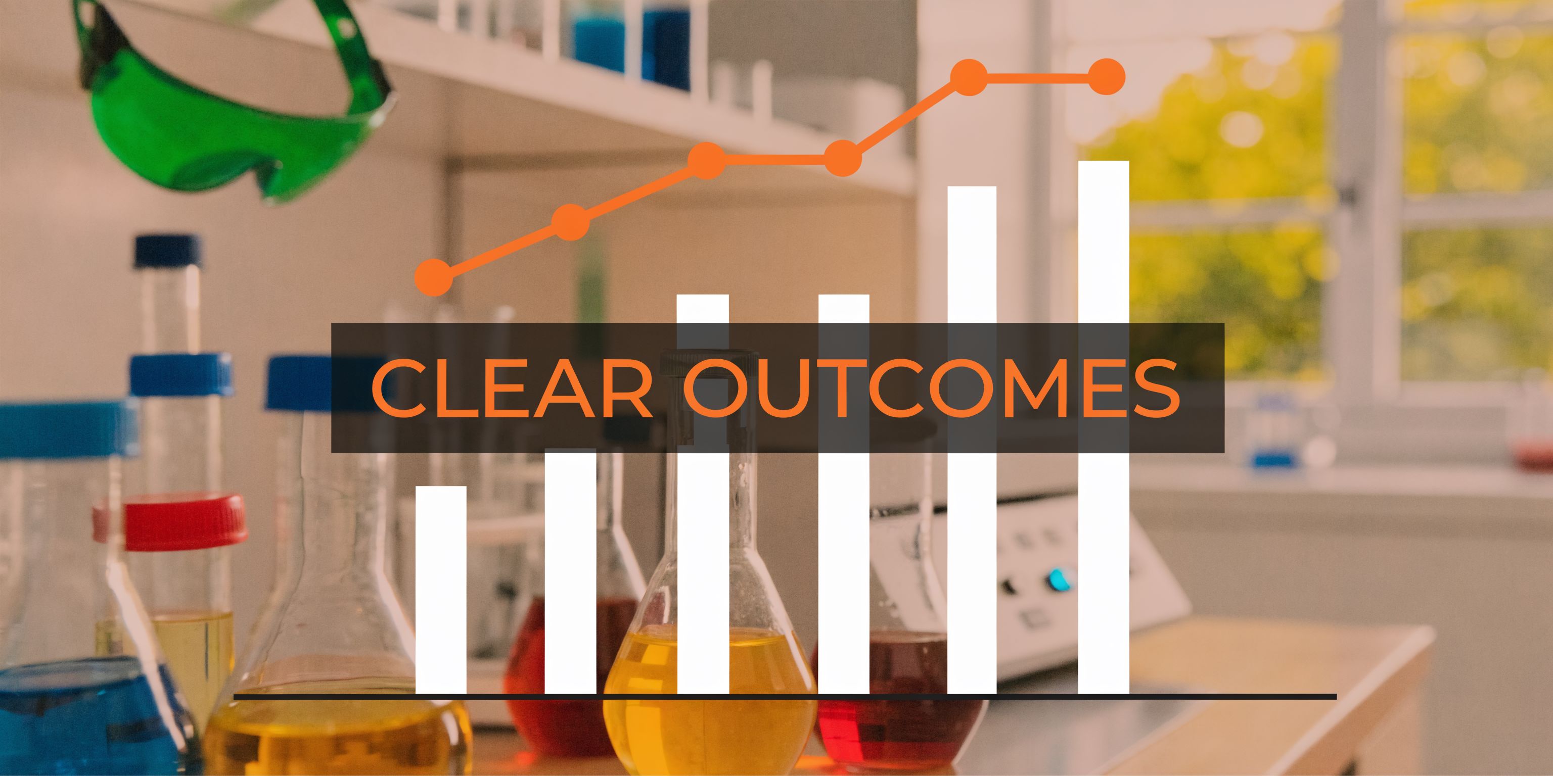 A laboratory background featuring a bar graph and line chart overlayed with the text CLEAR OUTCOMES.