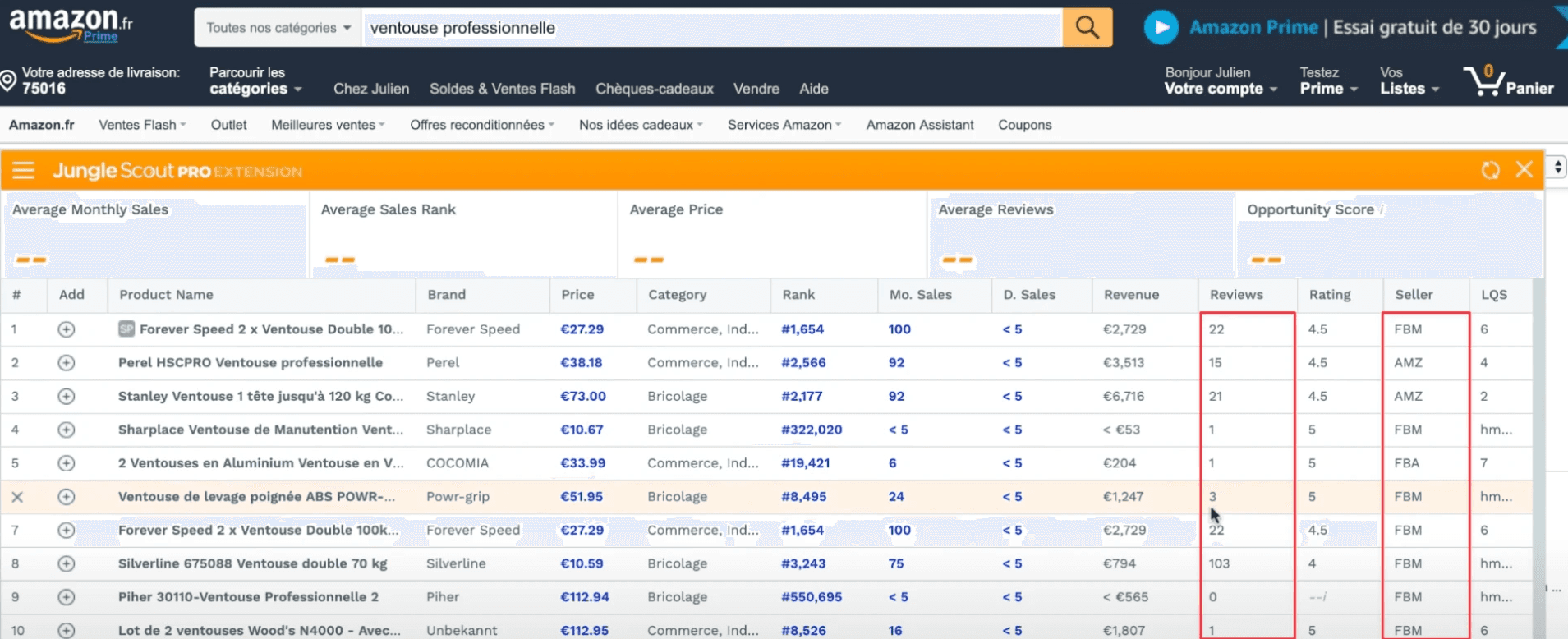 Analyse de la niche des ventouses profesionnelles sur Amazon avec l'extension Chrome Jungle Scout 